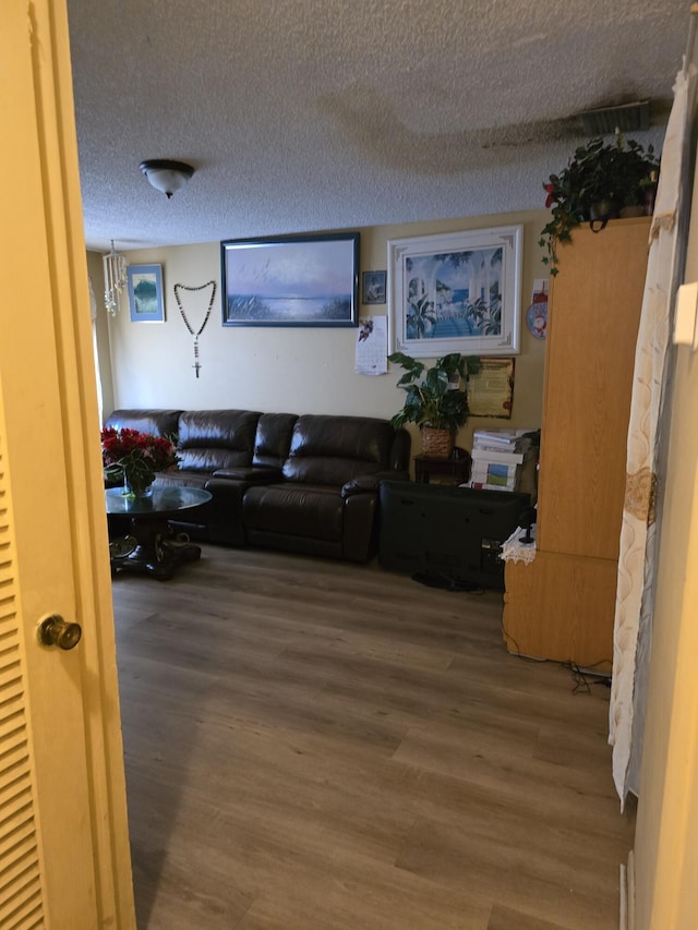 living room featuring a textured ceiling and hardwood / wood-style flooring