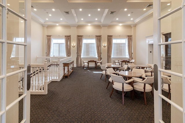 interior space with beam ceiling, a high ceiling, crown molding, and coffered ceiling