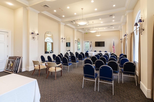 interior space with crown molding, a towering ceiling, visible vents, and dark carpet