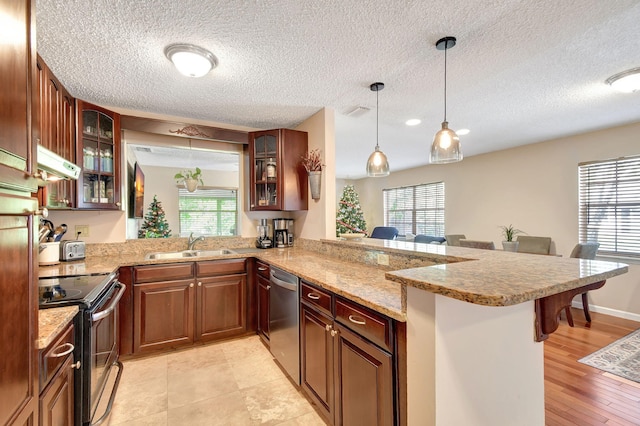 kitchen featuring kitchen peninsula, appliances with stainless steel finishes, ventilation hood, sink, and light hardwood / wood-style flooring