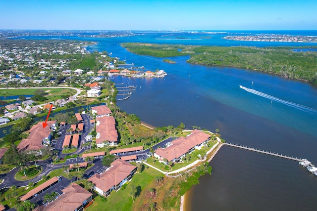 bird's eye view with a water view