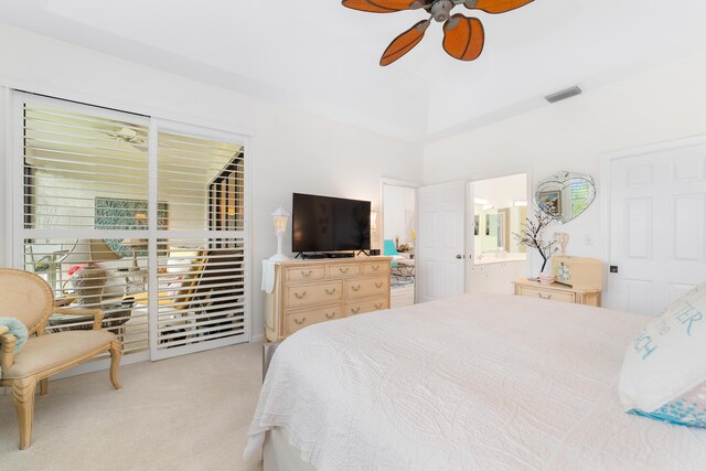 bedroom with light carpet and ceiling fan