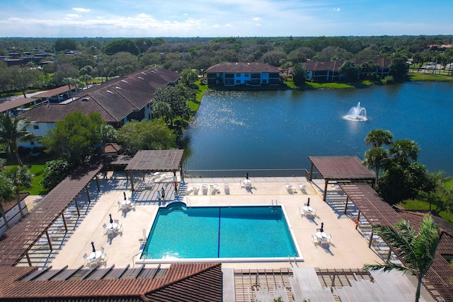 view of pool featuring a water view