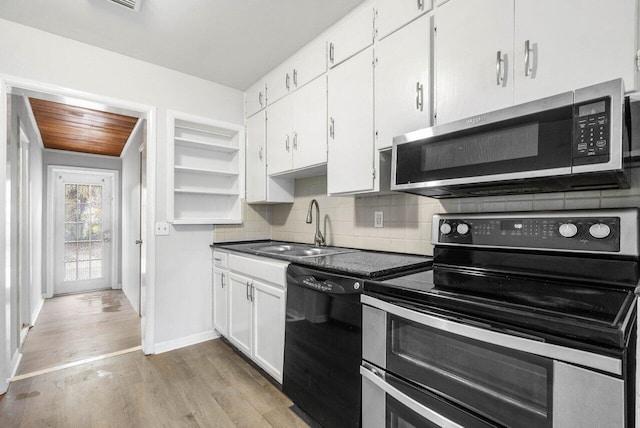 kitchen with appliances with stainless steel finishes, backsplash, sink, white cabinets, and light hardwood / wood-style floors