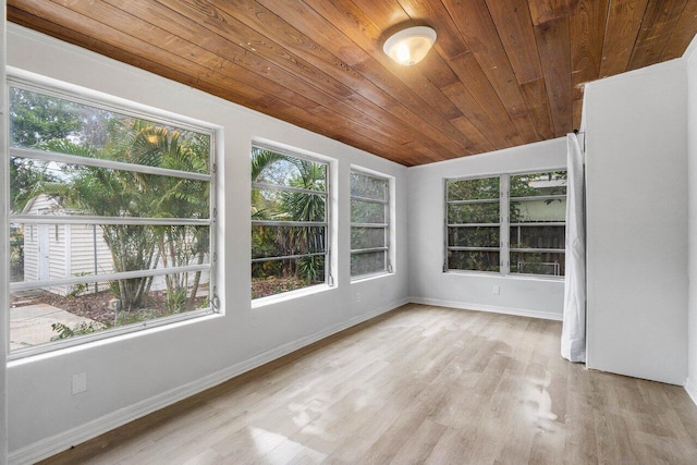 unfurnished sunroom featuring wood ceiling and vaulted ceiling