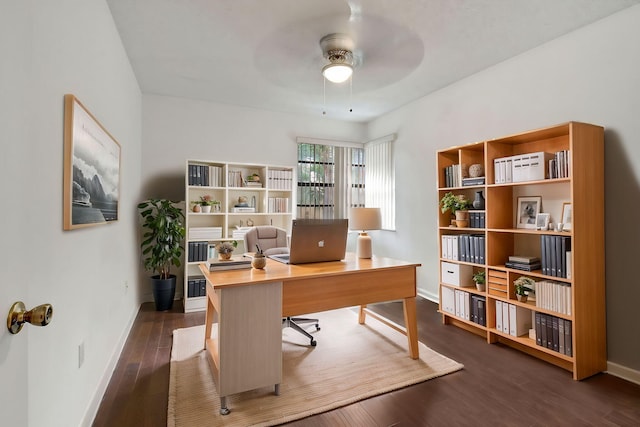 office space featuring ceiling fan, dark wood-style flooring, and baseboards