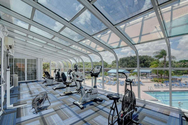 exercise room featuring carpet floors and lofted ceiling