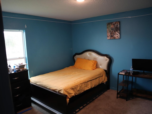 bedroom with dark colored carpet