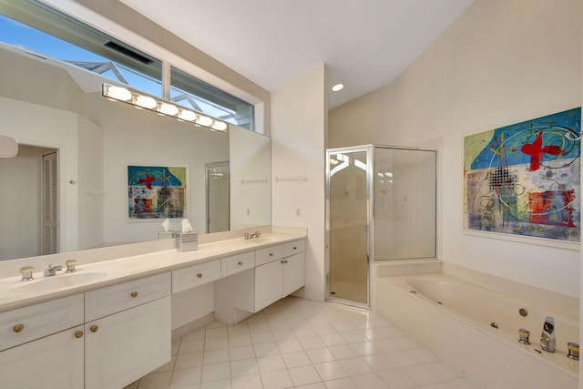 bathroom with vanity, lofted ceiling, separate shower and tub, and tile patterned flooring