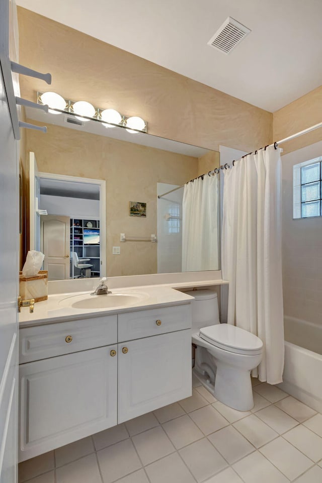 full bathroom featuring toilet, vanity, shower / bathtub combination with curtain, and tile patterned flooring