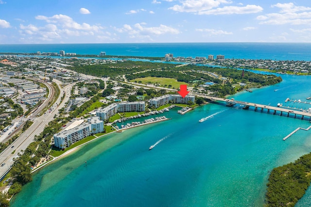 drone / aerial view featuring a water view