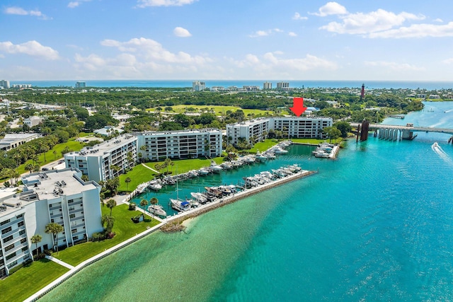 bird's eye view with a water view