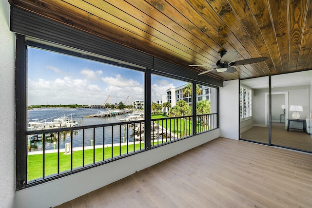 unfurnished sunroom featuring ceiling fan, a water view, and wooden ceiling