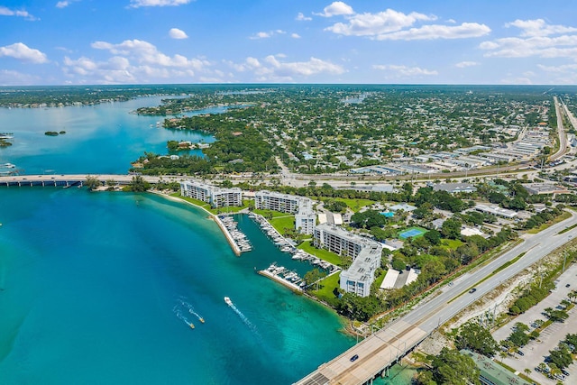 bird's eye view with a water view