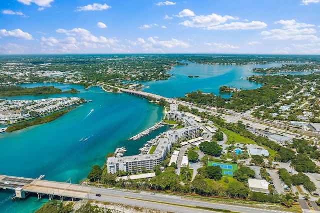 drone / aerial view featuring a water view