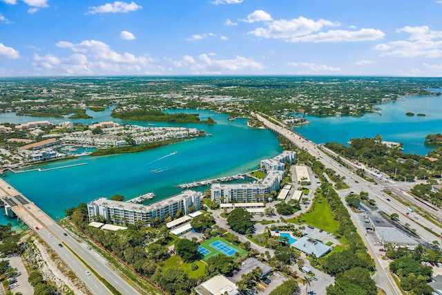 aerial view featuring a water view