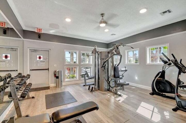 exercise room with a textured ceiling, light wood-type flooring, ceiling fan, and ornamental molding