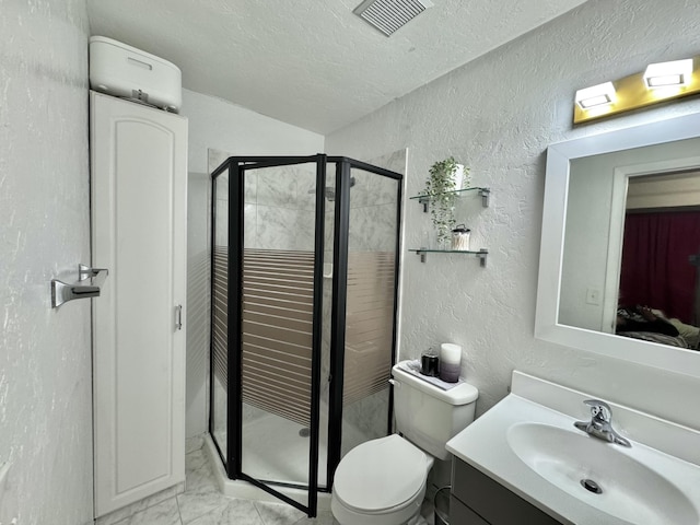 bathroom with vanity, a textured ceiling, toilet, and an enclosed shower