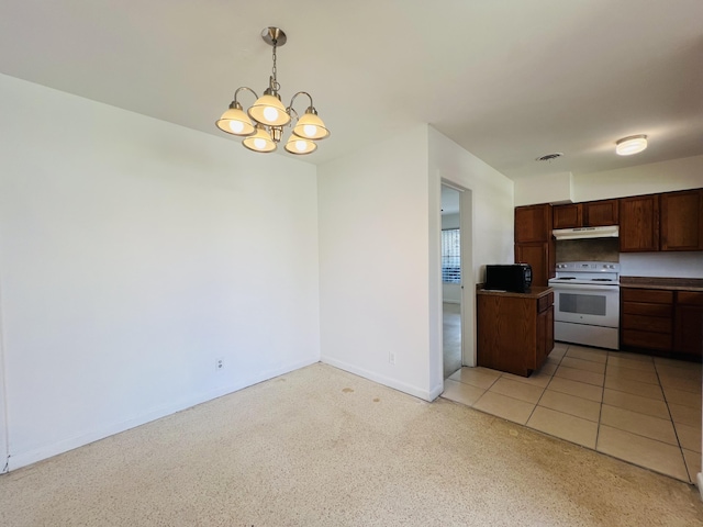 kitchen featuring electric stove, an inviting chandelier, dark brown cabinetry, light tile patterned flooring, and decorative light fixtures