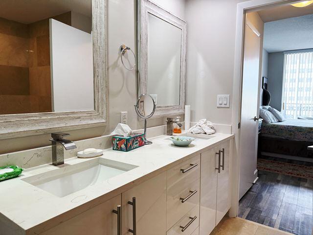 bathroom with wood-type flooring and vanity