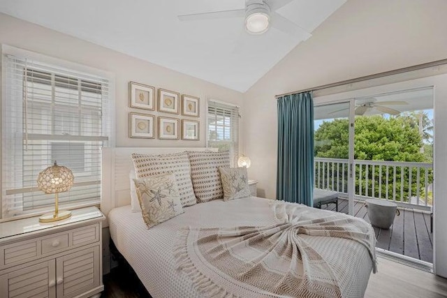 bedroom featuring lofted ceiling, ceiling fan, access to exterior, and light hardwood / wood-style floors