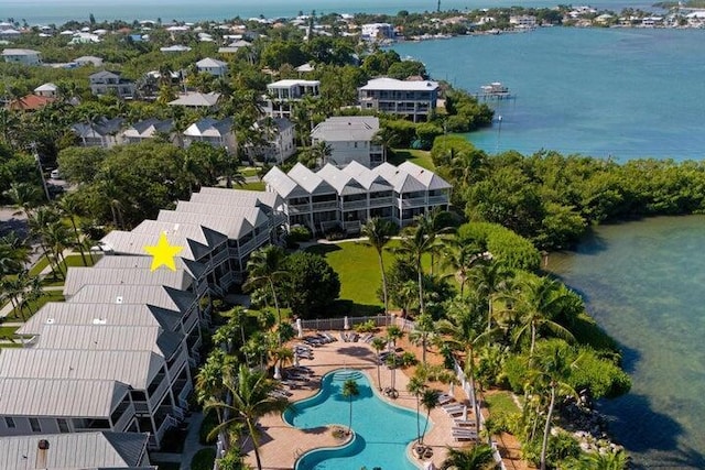 aerial view featuring a water view