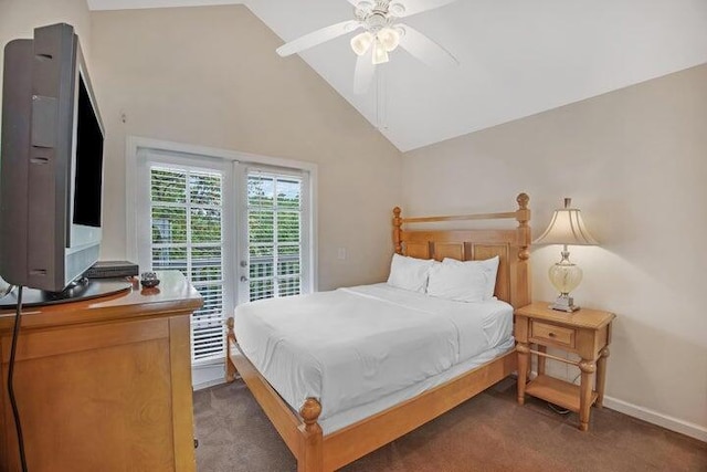 bedroom with high vaulted ceiling, dark colored carpet, and ceiling fan