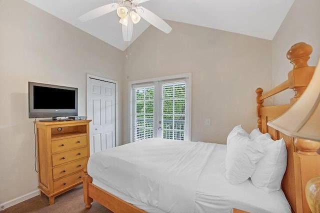 bedroom featuring ceiling fan, vaulted ceiling, carpet, and a closet