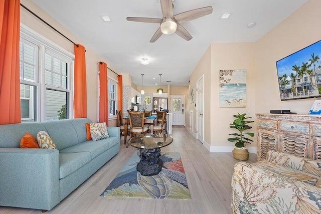 living room with ceiling fan and light wood-type flooring