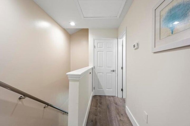 corridor featuring dark wood-type flooring