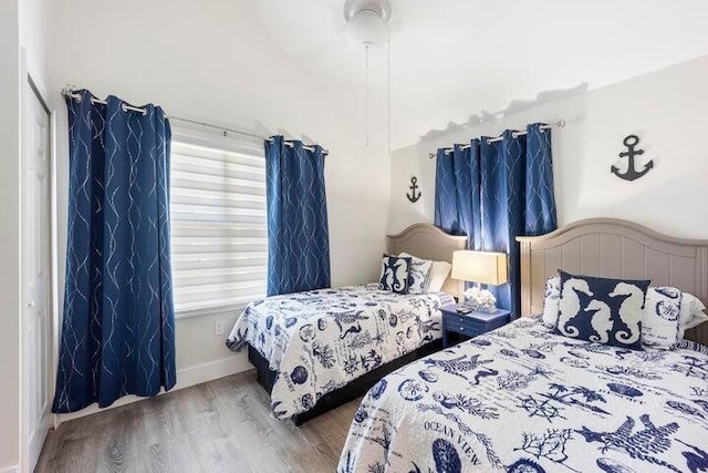 bedroom featuring ceiling fan, a closet, and wood-type flooring