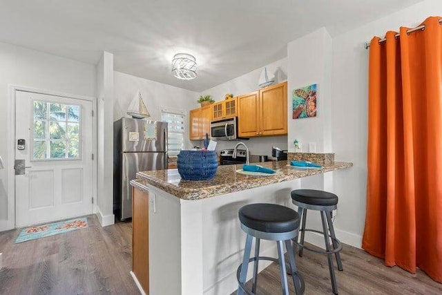 kitchen featuring a kitchen breakfast bar, stone counters, light hardwood / wood-style flooring, and stainless steel appliances