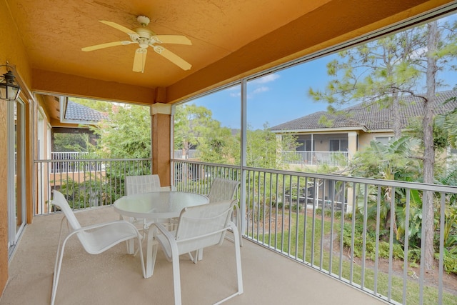 sunroom / solarium featuring ceiling fan