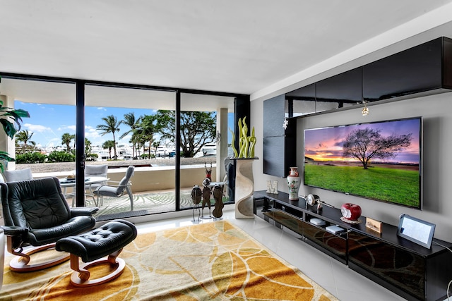 tiled living room featuring expansive windows