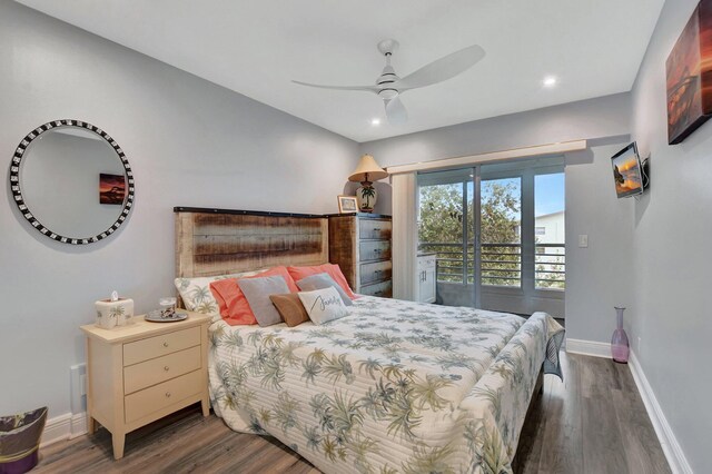 bedroom featuring access to exterior, ceiling fan, and dark wood-type flooring