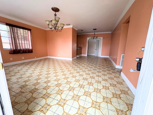 empty room with an inviting chandelier and ornamental molding