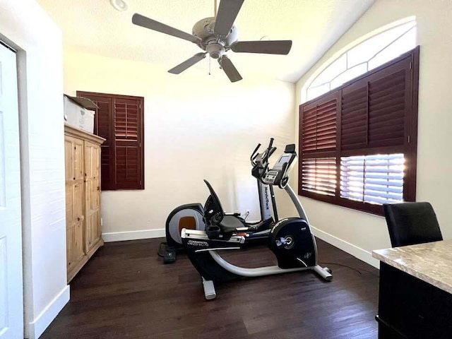 workout room featuring ceiling fan, dark wood-type flooring, and vaulted ceiling