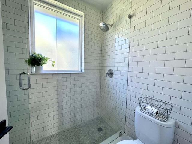 bathroom featuring toilet, walk in shower, and tile walls