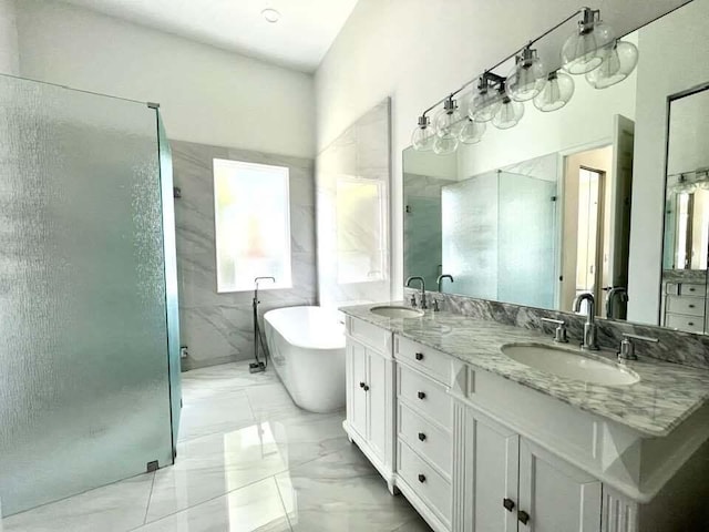 bathroom featuring vanity and separate shower and tub