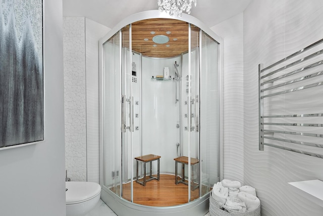 bathroom with toilet and a shower with shower door