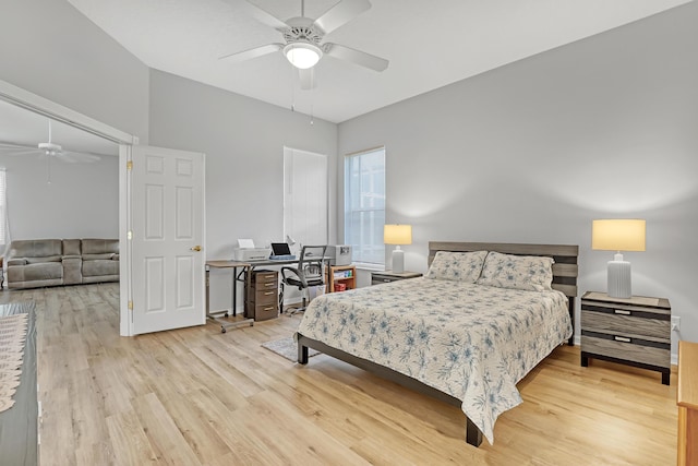 bedroom featuring light wood-style floors and ceiling fan