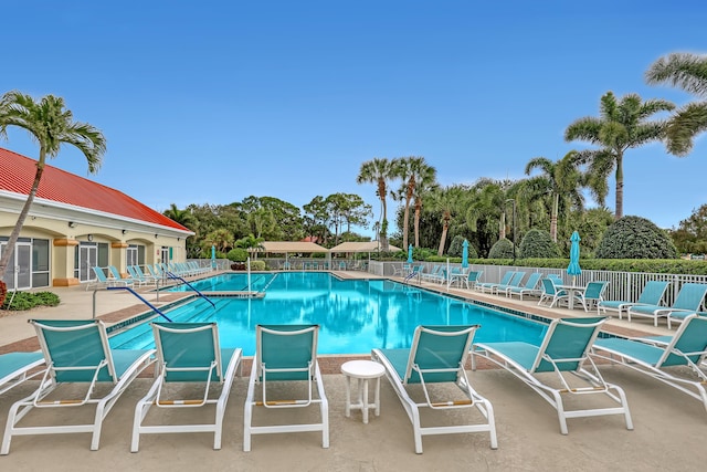 view of swimming pool featuring a patio