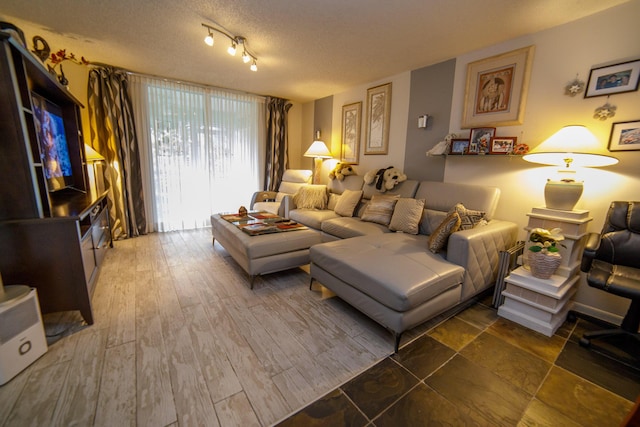 living room with dark wood-type flooring and a textured ceiling