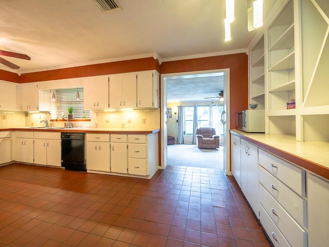 kitchen featuring white cabinetry, dishwasher, hanging light fixtures, tasteful backsplash, and ornamental molding