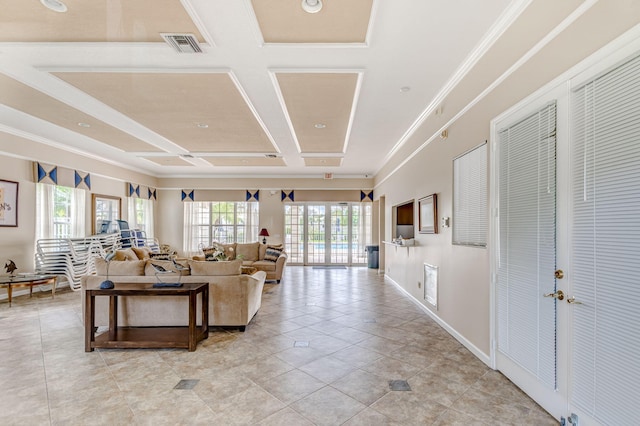 tiled living room featuring french doors, crown molding, and coffered ceiling