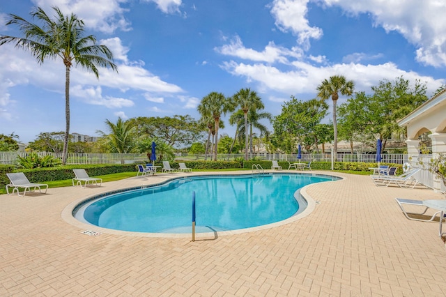 view of swimming pool featuring a patio area