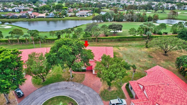 drone / aerial view featuring a water view