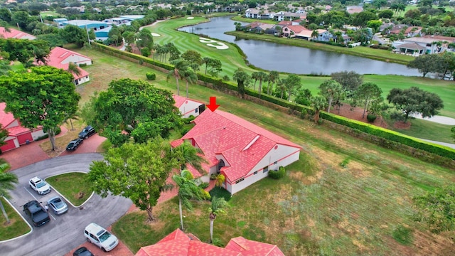 drone / aerial view featuring a water view