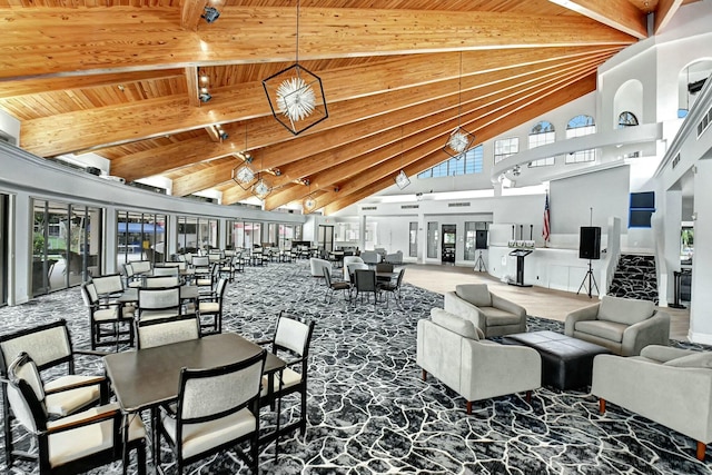 7676 Lexington Club Blvd Unit A, Delray Beach, FL 33446 - dining space featuring wood ceiling with exposed beams and high vaulted ceiling