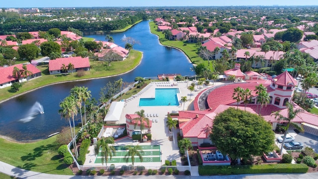 drone / aerial view featuring a water view